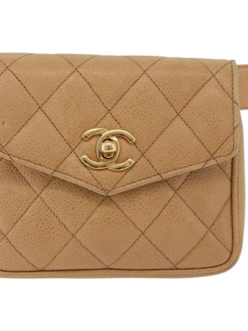 CHANEL Matelasse Waist Bag Grained Calf Skin Beige Gold CC Auth BA12986V